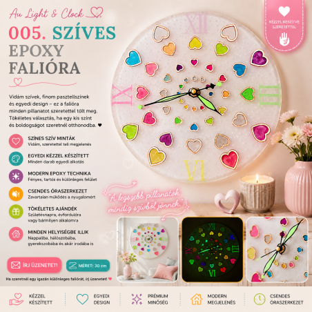 005. Szíves, sötétben világító epoxy falióra